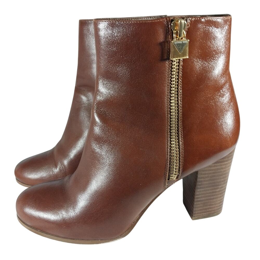 MICHAEL KORS! COGNAC BROWN GENUINE LEATHER ULTRA CHUNKY HEEL ANKLE BOOTS! SZ 10M